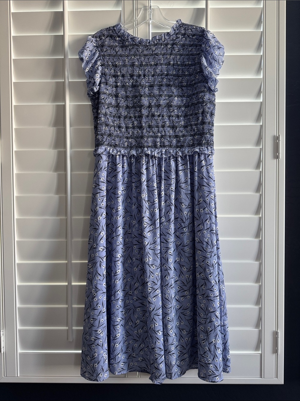 Ann Taylor lavender floral midi dress with smocked bodice and ruffled sleeves